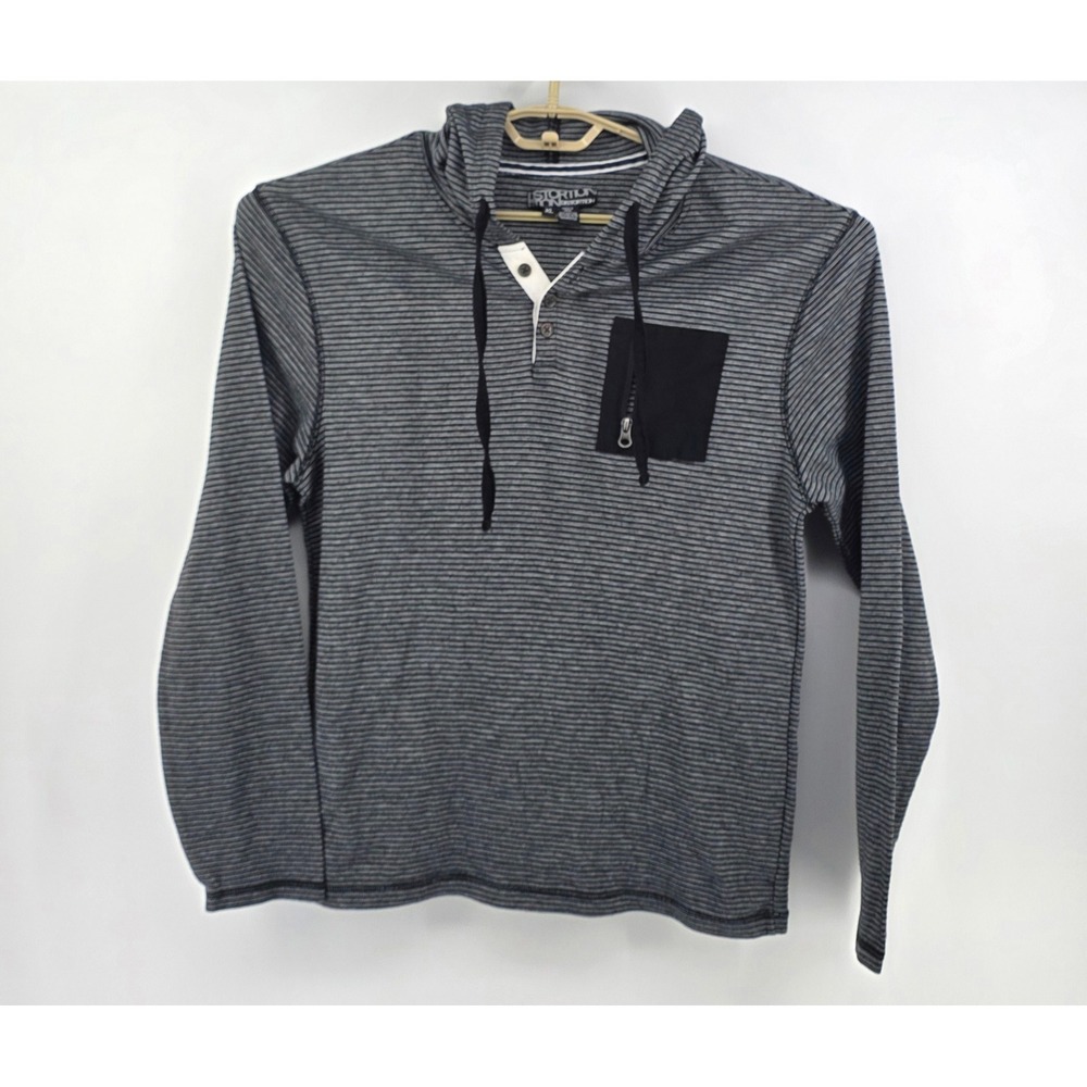 Distortion Mens XL Hoodie Grey Black Striped Henley Pullover Long Sleeve Shirt